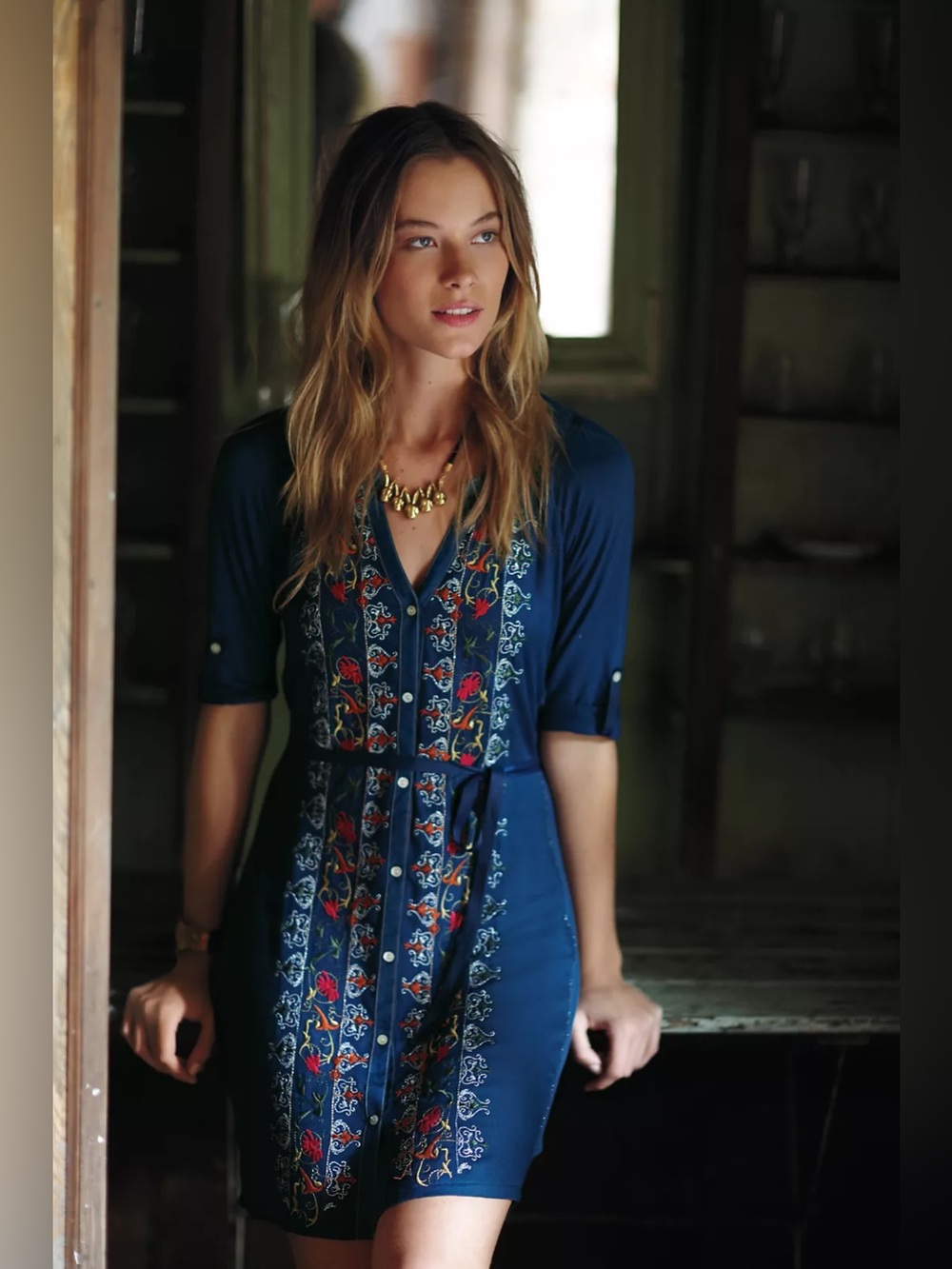 WhimsyGoth Anthropologie x Tiny Plein Air Embroidered Navy Blue Shirt Dress